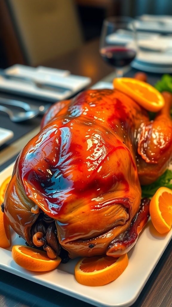 Roasted Duck with Orange Glaze Recipe Roasted duck with orange glaze on a platter, garnished with orange slices and vegetables.